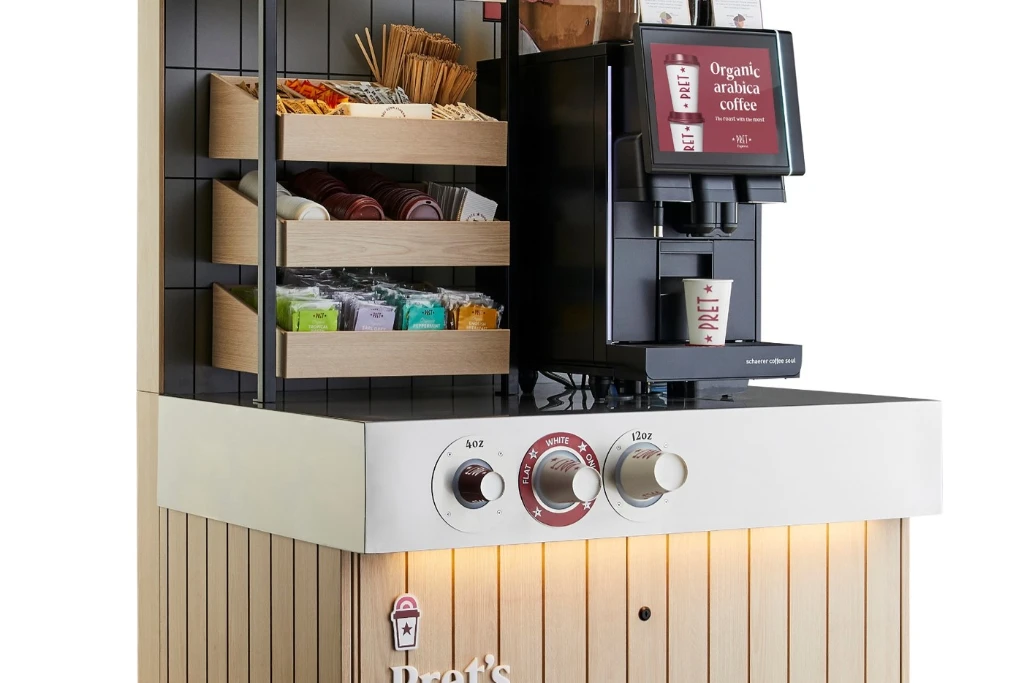 Pret express coffee machine on branded furniture